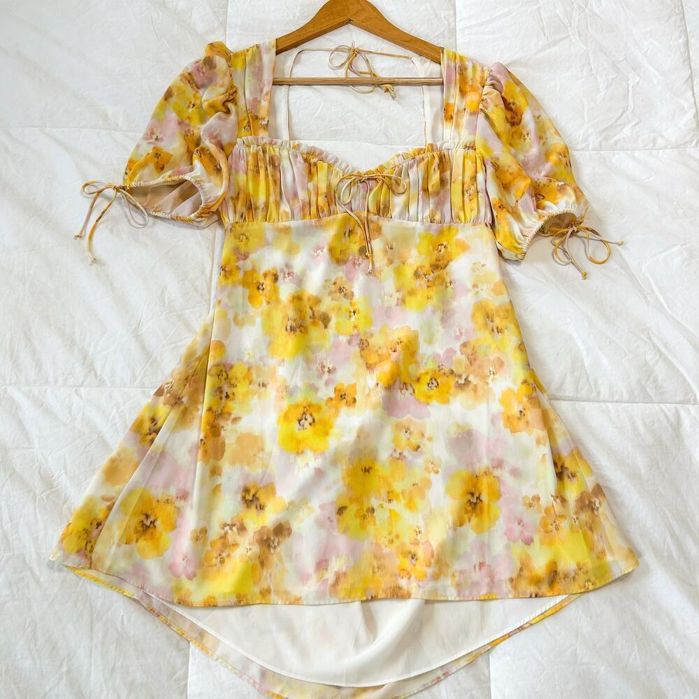 NWOT For Love & Lemons Zinna Babydoll Mini Dress Lemonade Floral Yellow Medium - Picture 3 of 16